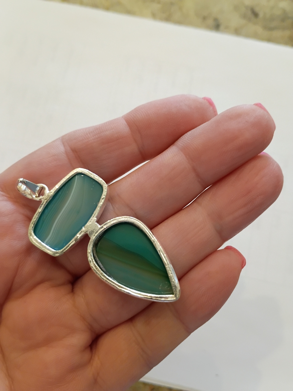 Silver Teal & Aqua Double Stone Pendant Beautiful Colors! - Picture 4 of 4